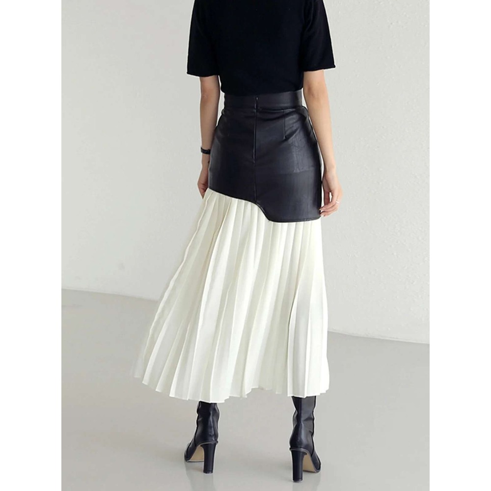 COMMENSE White Faux Leather Chiffon Pleated Asymmetric Maxi Skirt Size L
